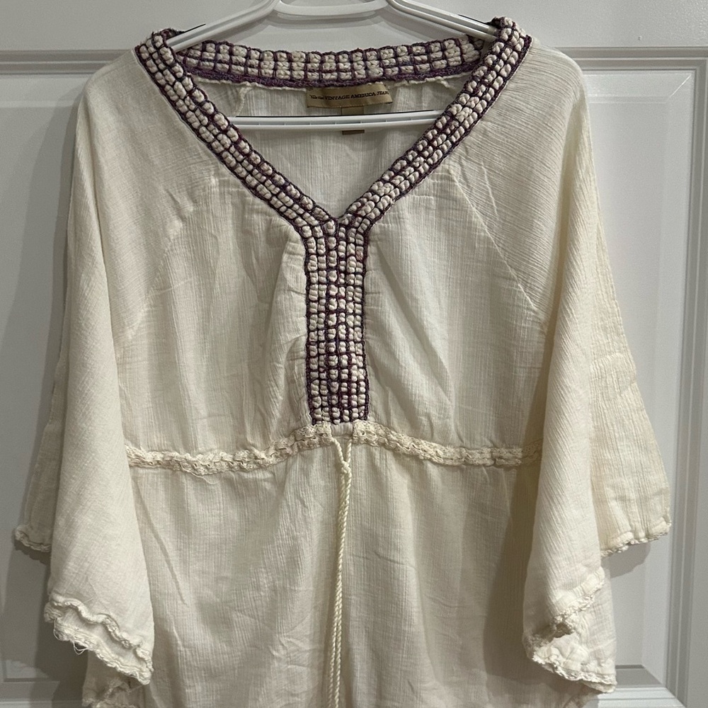 Off-White Boho Tunic with Purple Embroidery